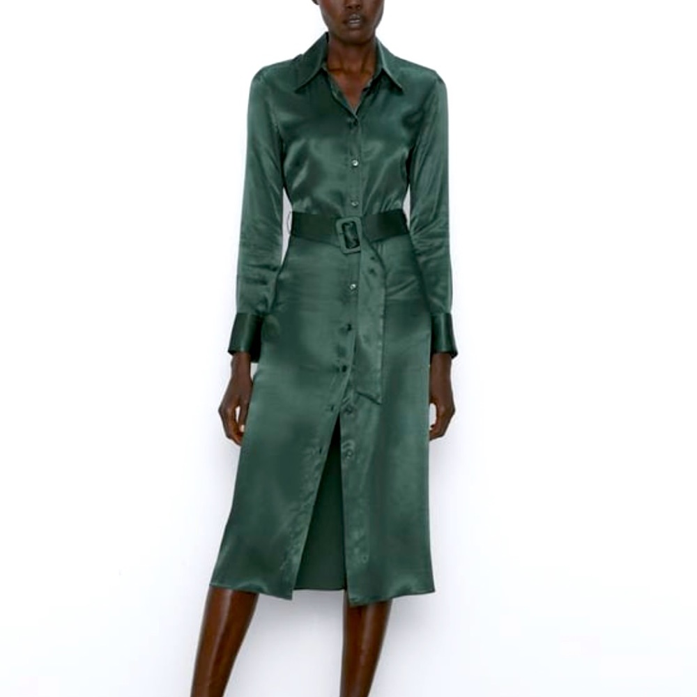 Zara Green Satin Effect Shirt Dress